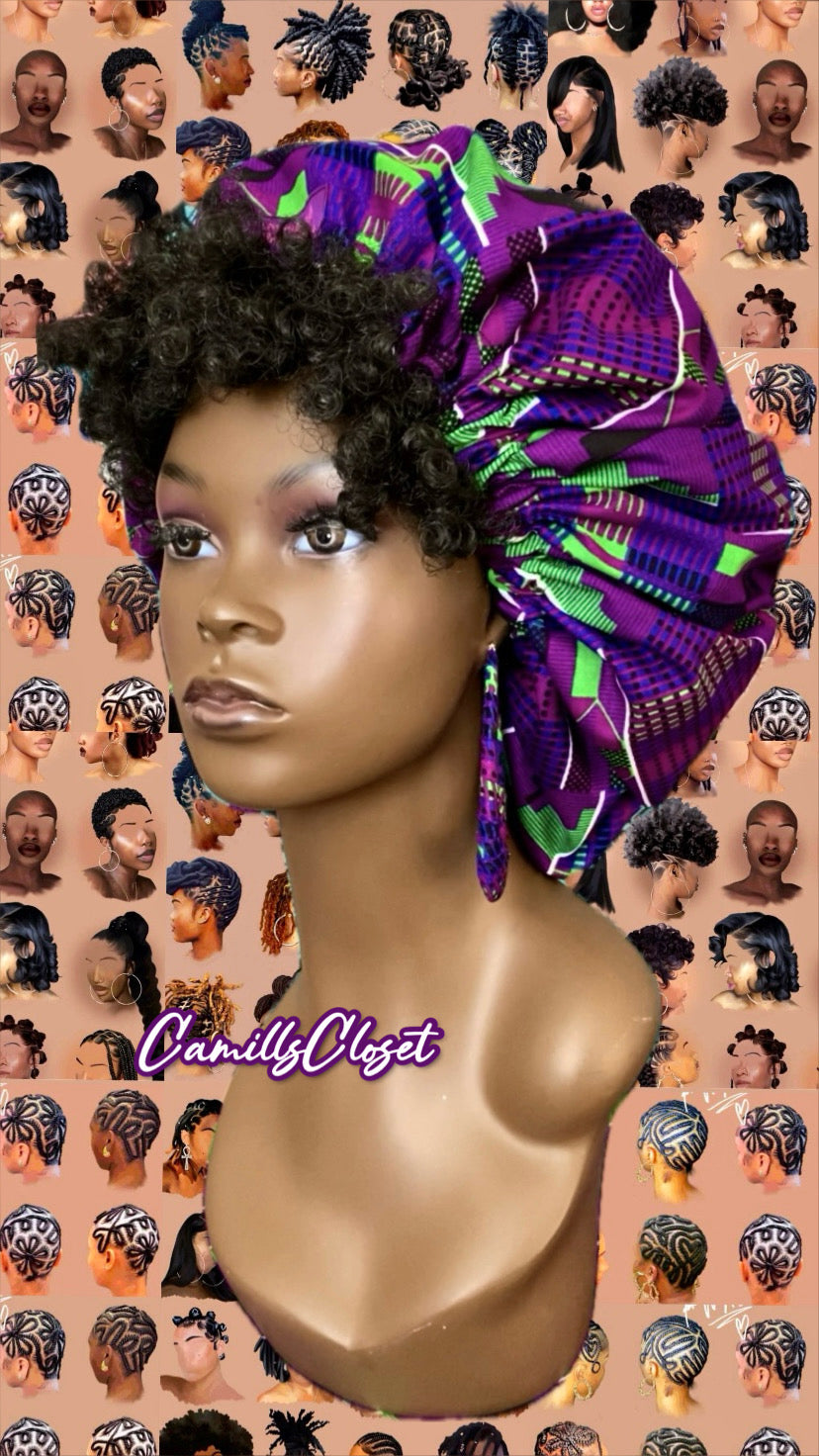 Purple & Green Kente Bonnets